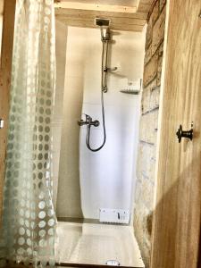 W łazience znajduje się prysznic z zasłoną prysznicową. w obiekcie Ak-55 Rural House w mieście Villaviciosa
