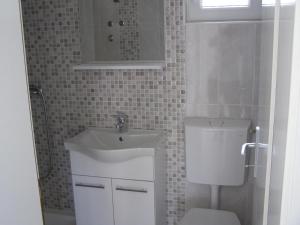 La salle de bains est pourvue de toilettes, d'un lavabo et d'un miroir. dans l'établissement Secluded fisherman's cottage Cove Picena, Korcula - 14090, à Vela Luka