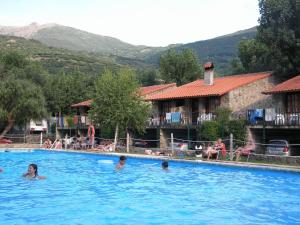 a group of people in the swimming pool at a resort at Camping Bungalows Rio Jerte in Navaconcejo