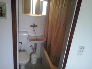 La petite salle de bains est pourvue d'un lavabo et de toilettes. dans l'établissement Apartments by the sea Pisak, Omis - 16411, à Mimice