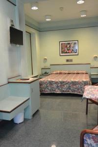 a room with a bed and a desk and a television at Le Petit Hotel in Turin