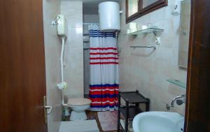 uma casa de banho com um WC e uma cortina de chuveiro em Apartments by the sea Trpanj, Peljesac - 16570 em Trpanj