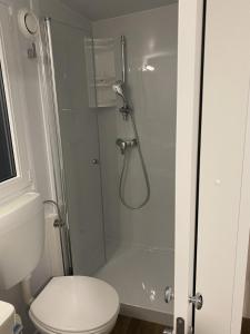 ein Bad mit einer Dusche, einem WC und einem Waschbecken in der Unterkunft Apartments with a parking space Pakostane, Biograd - 16579 in Pakoštane