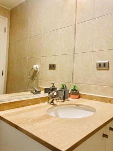 a bathroom counter with a sink and a mirror at Alta Vista Las Condes in Santiago