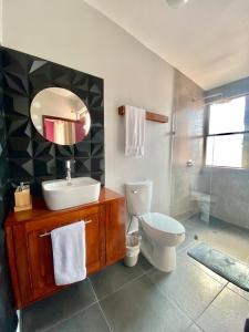 La salle de bains est pourvue d'un lavabo, de toilettes et d'un miroir. dans l'établissement Iluminada y confortable habitaciones en Casa Margarita Oaxaca, à Oaxaca