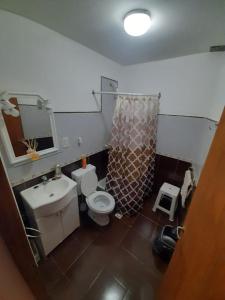 a bathroom with a sink and a toilet and a mirror at Hospedaje Naim in Ushuaia