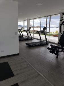 a gym with several tread machines and a large window at Hermoso departamento, céntrico y tranquilo in Quito