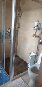e bagno con servizi igienici e doccia in vetro. di D&H a Năvodari