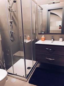 Modern city center apartment في بينيفنتو: حمام مع دش مع مرحاض ومغسلة
