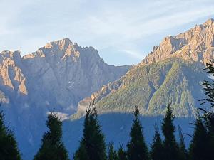 une vue sur une chaîne de montagnes avec des arbres au premier plan dans l'établissement Ferienwohnung Jonas, à Gödnach