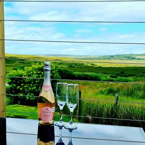 a bottle of champagne and two wine glasses on a table at deer green place in Kinloch