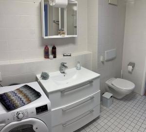ein Badezimmer mit einem Waschbecken und einer Waschmaschine. in der Unterkunft Apartment 31 in Wilhelmshaven