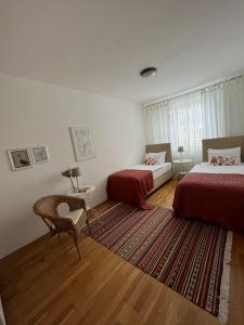 um quarto com 2 camas, uma cadeira e um tapete em Apartment Štefánka em Púchov