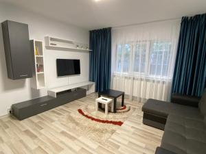 a living room with a flat screen tv and a couch at Grove Apartment in Buzau