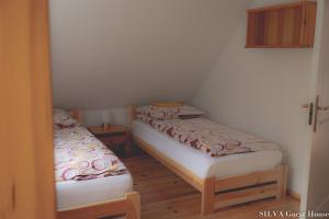 Habitación con 2 camas individuales en una habitación en SILVA Guest House - dom wczasowy, tenis, basen, balia i sauna, en Borsk