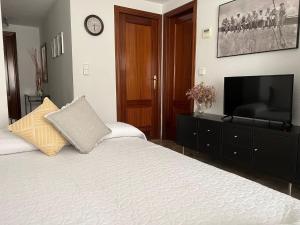 1 dormitorio con 1 cama y TV de pantalla plana en Apartamento Ciudad Jardín con PARKING, en Córdoba