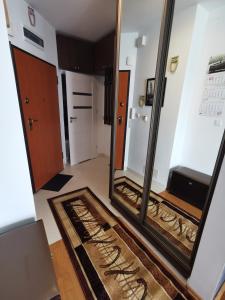 a hallway with a mirror and a rug at Kameralna Głębocka in Warsaw