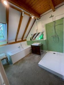 y baño con ducha, bañera y lavamanos. en Secret Hideaway with picturesque Sundown Views, en Traben-Trarbach