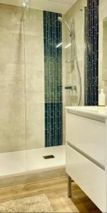 baño con ducha y puerta de cristal en Large studio direct access to the beach en Pornichet