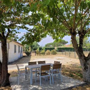 een tafel en stoelen onder een boom bij Albizia rouge - Gîte de charme à la campagne in Galgon