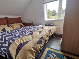 a bedroom with a bed and a window at Căsuța de munte in Mărişel