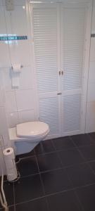 uma casa de banho com um WC branco e uma janela em Chalet 4 persoons em Anloo