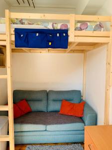 a bunk bed in a room with a blue couch under a loft bed at Drumdryan Apartment Edinburgh in Edinburgh