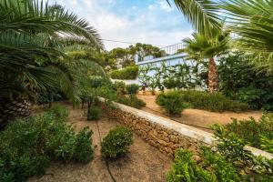 a garden with palm trees and a stone wall at ROMERO - Managed by Almarina Villas in Benissa