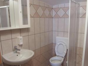Rooms Pri Lovrižu في كوباريد: حمام مع مرحاض ومغسلة