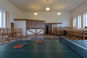 Habitación con mesa de ping pong y sillas. en Penzion Hlinky, 