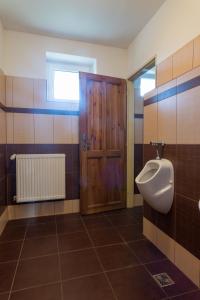 a bathroom with a urinal and a wooden door at Penzion Hlinky 