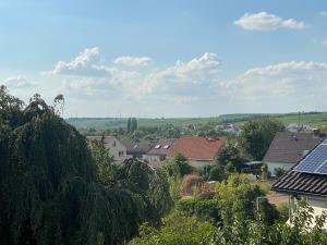 Vistas a una ciudad con casas y árboles en Ferienwohnung am Holzberg in Volkach mit Weitblick, en Volkach