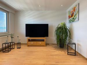 sala de estar con TV de pantalla plana en la pared en Ferienwohnung am Holzberg in Volkach mit Weitblick, en Volkach