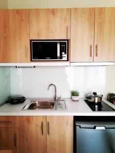 Garden Apartments في كيراموتي: مطبخ مع حوض وميكروويف
