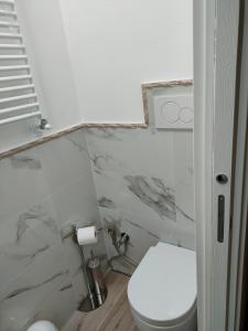 a white toilet in a bathroom with marble walls at Casa del nonno Gino in Pietrasanta +22 photos