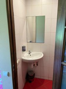 a bathroom with a sink and a mirror at Hotel DANIELA in Nīca