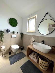 een badkamer met een wastafel, een toilet en een spiegel bij Villa Meliora in Vižinada