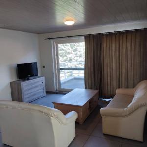 a living room with a couch and a table and a tv at Vakantiewoning Op Den Briel in Lokeren