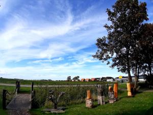 un campo con una valla y un árbol en el césped en Private Logies Texel Woodart, en Midden-Eierland