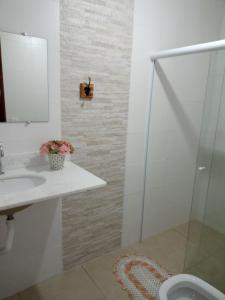 エスピーリト・サント・ド・ピニャウにあるCasa de Campo Recanto Têtoのバスルーム(洗面台、ガラス張りのシャワー付)