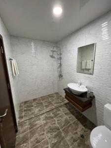 a bathroom with a sink and a toilet and a mirror at Rabi Park in Saints Constantine and Helena