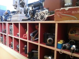 a shelf filled with lots of different types of cameras at Ray's Bucktown Bed and Breakfast in Chicago