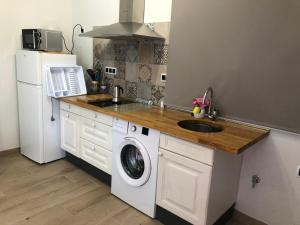 a kitchen with a sink and a washing machine at Apartamentos Meruelo in San Miguel de Meruelo