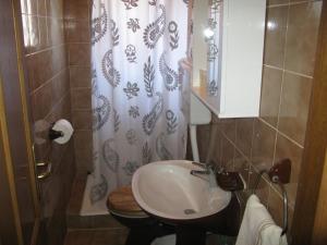 a bathroom with a sink and a shower curtain at House Branka in Kampor