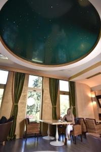 a woman sitting at a table in a room with windows at Hotel Park Ivanjica in Ivanjica