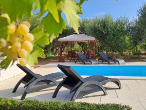 um grupo de cadeiras e um gazebo ao lado de uma piscina em Villa Grace Felice em Fažana