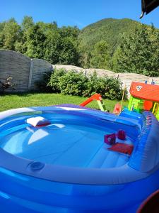 een blauw opblaasbaar zwembad in een tuin bij Casa de vacanta Estera Rucar in Rucăr