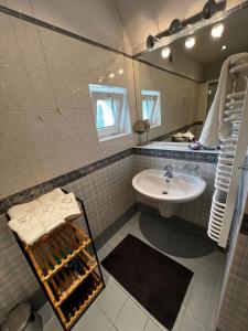 ein Bad mit einem Waschbecken und einem Spiegel in der Unterkunft Zakole Brdy in Gostyczyn