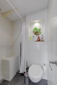 a white bathroom with a toilet and a shower at The Amsterdam Houseboat Family - de Jordaan in Amsterdam