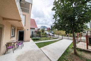 a patio with chairs and a table and a tree at SNAM Rooms&Apartment in Žabljak